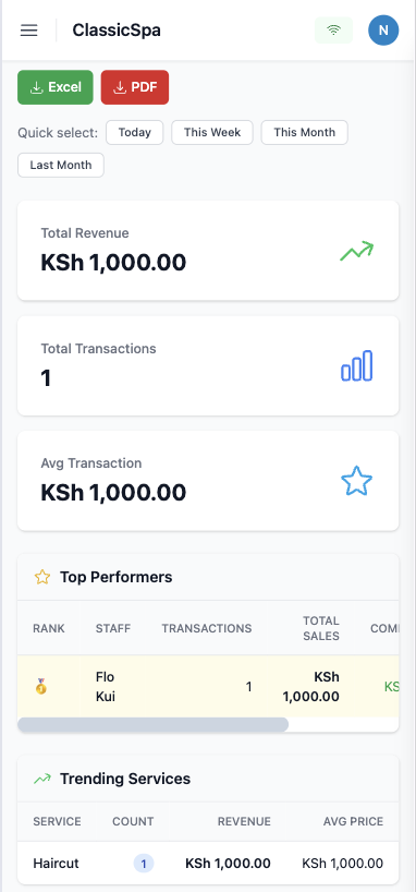 ServiceFlow financial reports screen with PDF and Excel export, revenue totals and top performers