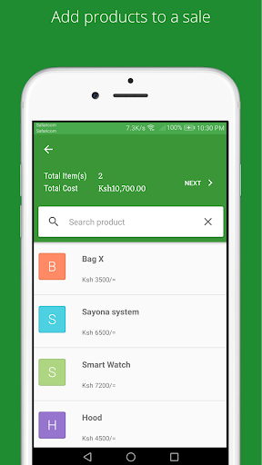 Screen for adding products to a sale with product search