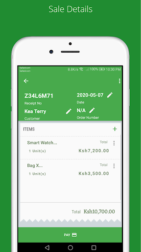 Sale details screen with itemized receipt and customer name