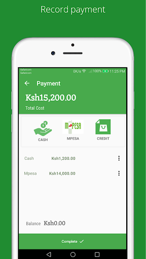 Record payment screen with Cash, M-Pesa and Credit options