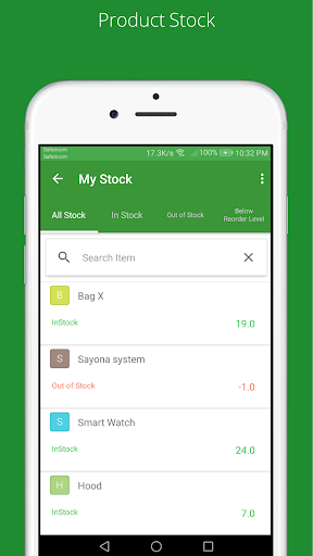 My Stock screen showing in-stock and out-of-stock items